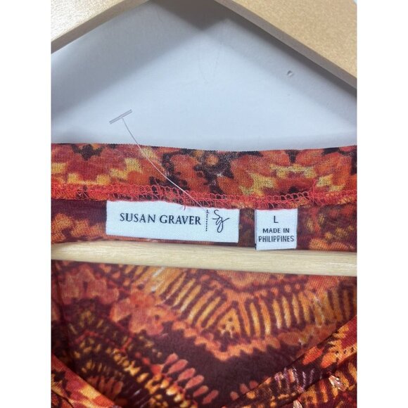 Susan Graver Top Womens Large Orange Mesh Blouse 3/4 Sleeve Bead Aztec - Picture 6 of 10